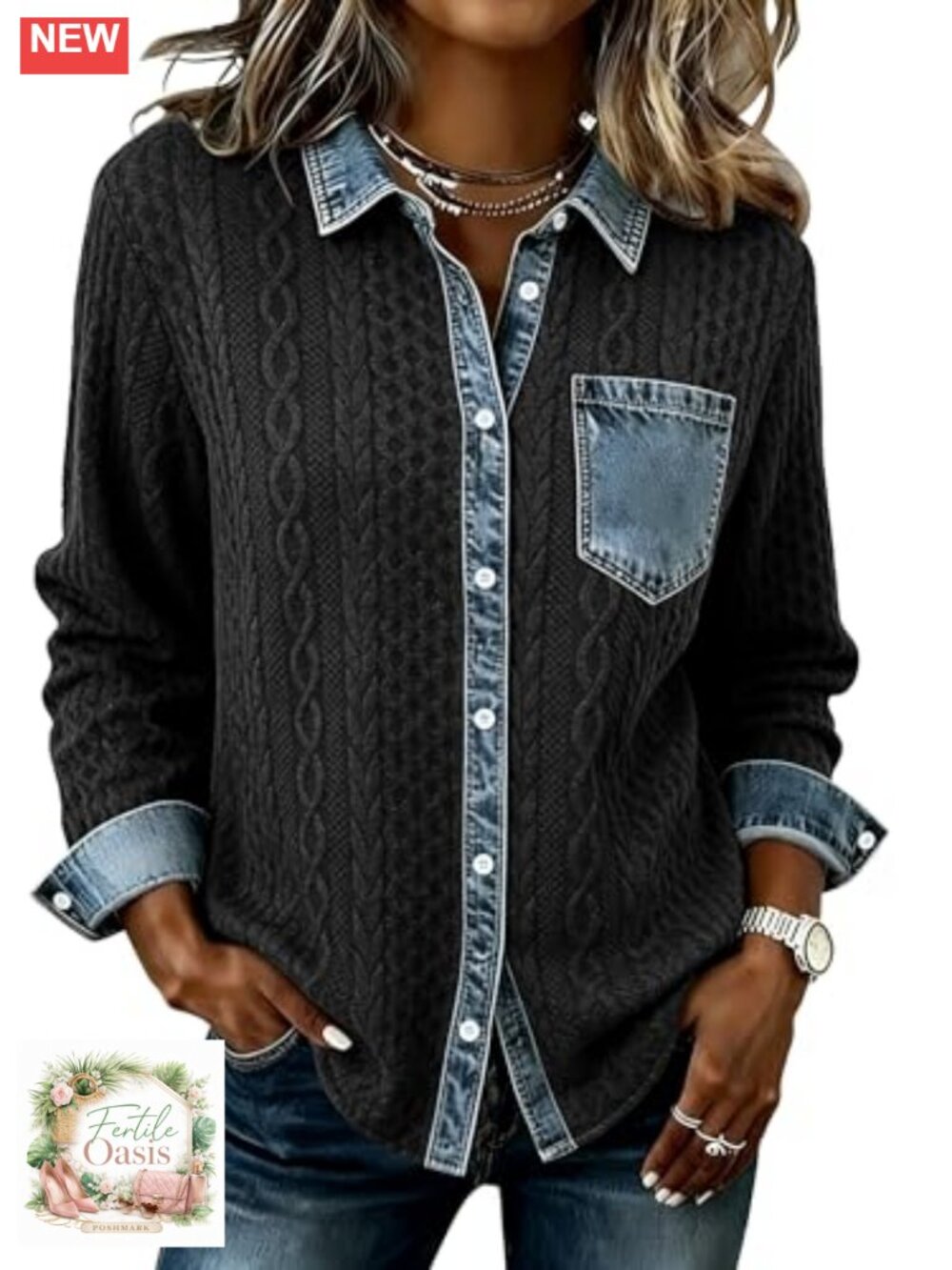 Women's Denim Patchwork Cable Knit Shacket with Lapel Collar Fall Winter